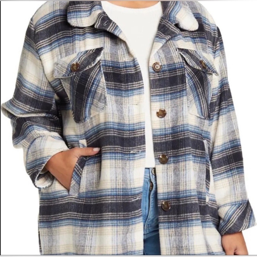 Kensie Blue Plaid Oversized Flannel Shirt Size‎ L